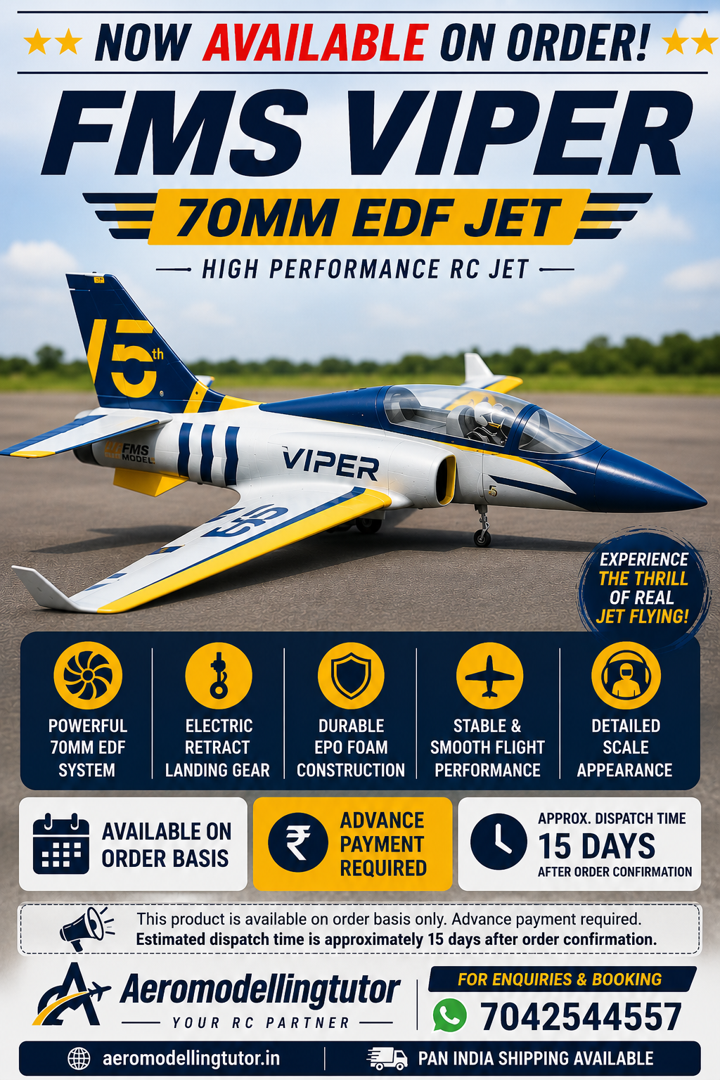 FMS Viper 70mm EDF Jet promotional poster by Aeromodellingtutor showing RC jet airplane with features and preorder details