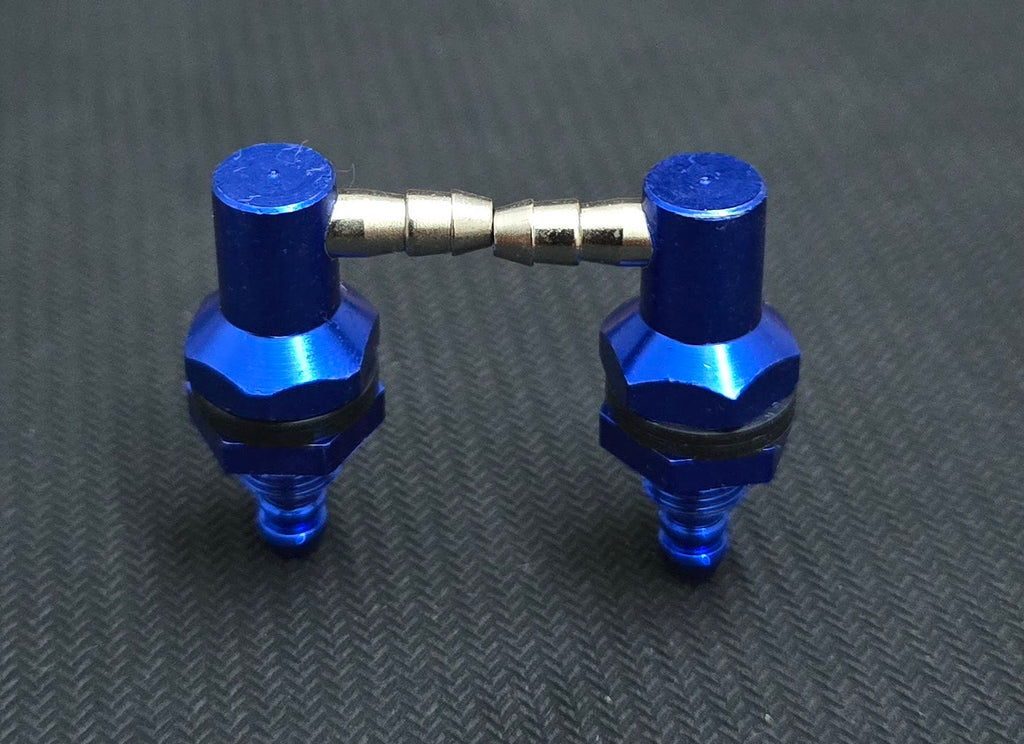 Pair of blue metal connectors with a silver hose on a textured gray background