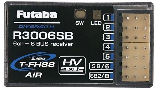Futaba R3006SB 6-channel S-BUS receiver with diversity technology on a black background