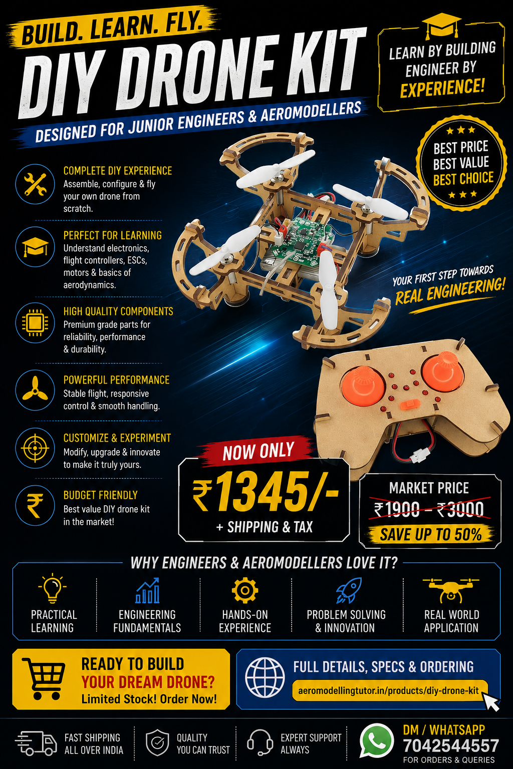 DIY Drone Kit promotional poster for junior engineers and aeromodellers featuring wooden quadcopter drone kit with remote controller, STEM learning drone project, affordable RC DIY drone kit in India by Aeromodellingtutor.