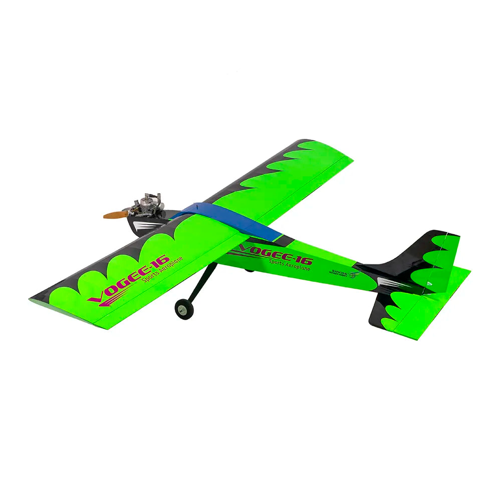 Green and black model airplane on a white background