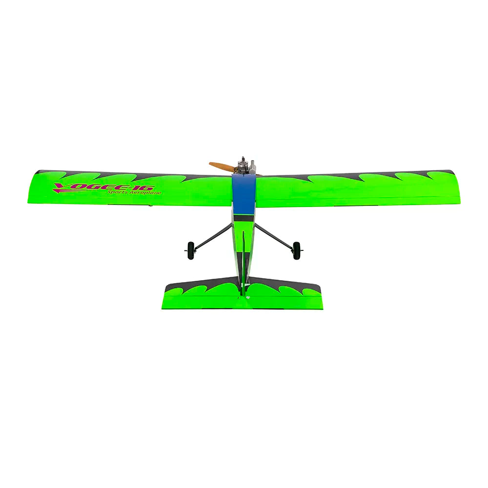 Green and blue model airplane back view on a white background