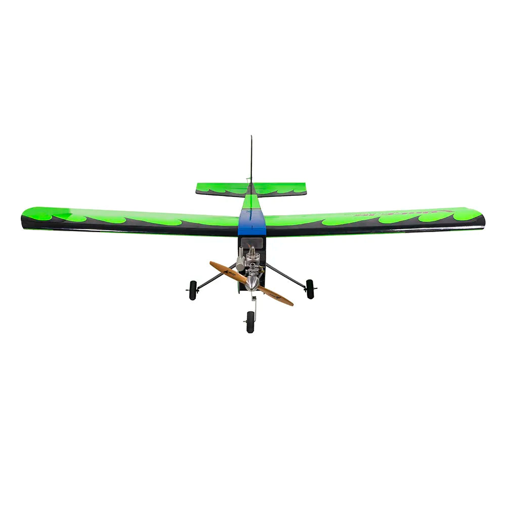 Green and black model airplane front view on a white background