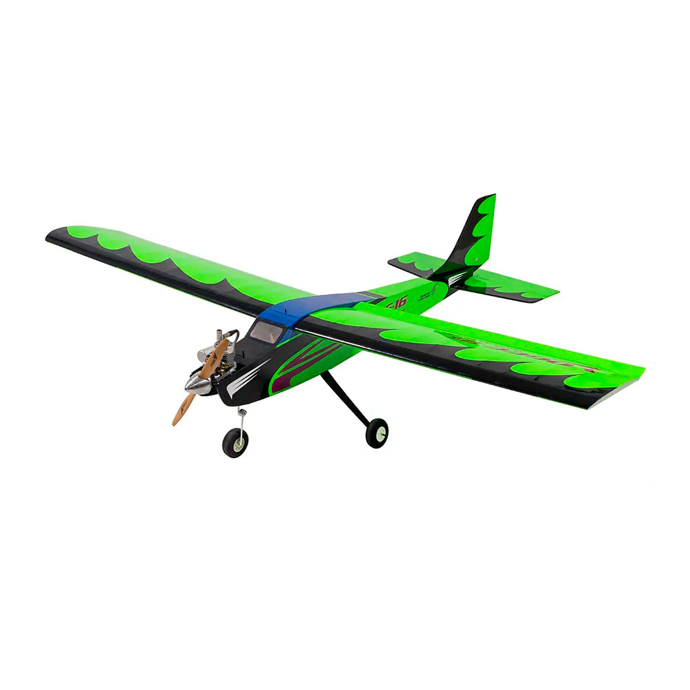 Green and black model airplane side view on a white background