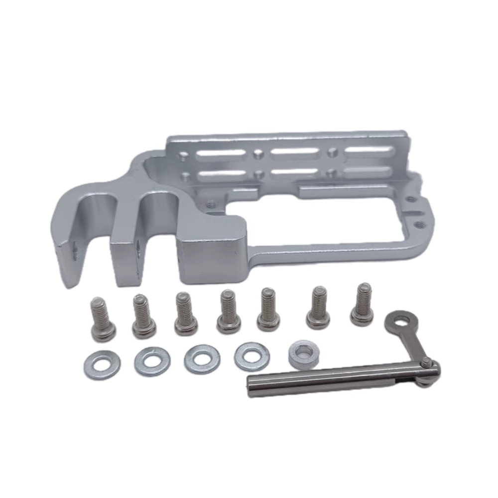 Metal bracket with screws and washers on a white background