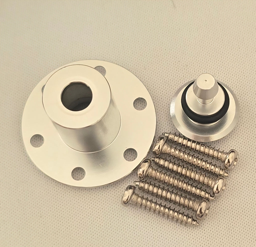 Metal components including a flange, two cylindrical parts, and springs on a beige background