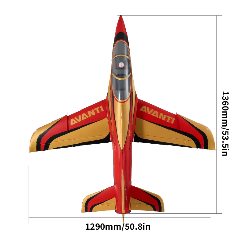 FMS Avanti 90mm EDF jet showing 1290mm wingspan and 1360mm length