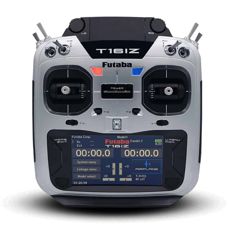 Futaba 16IZS 18-channel RC transmitter front view and display screen