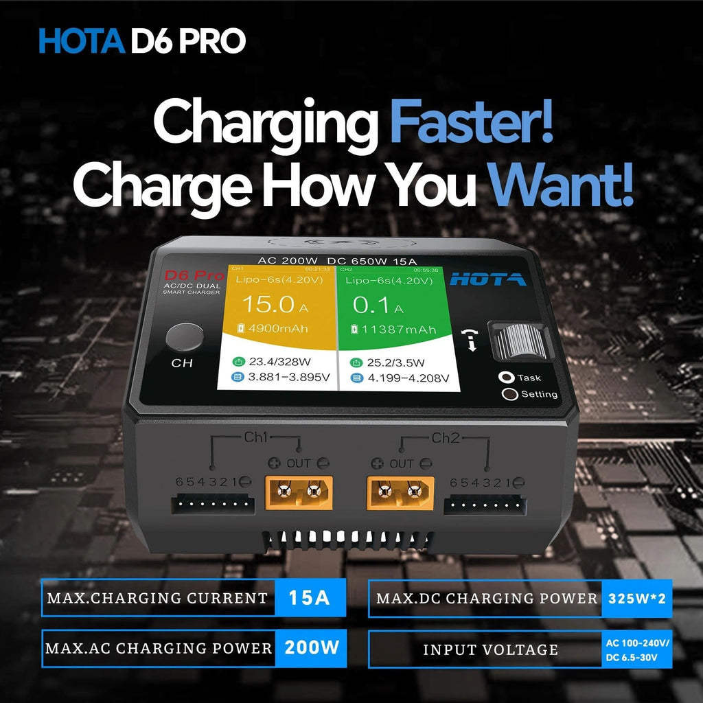 HOTA D6 Pro Lipo Battery Charger Smart Charger Dual Channel 15A AC200W DC650W for Lipo LiHv Nicd NiMH RC Battery Charger with Balance Phone Wireless Charging RC Car RC Boat FPV