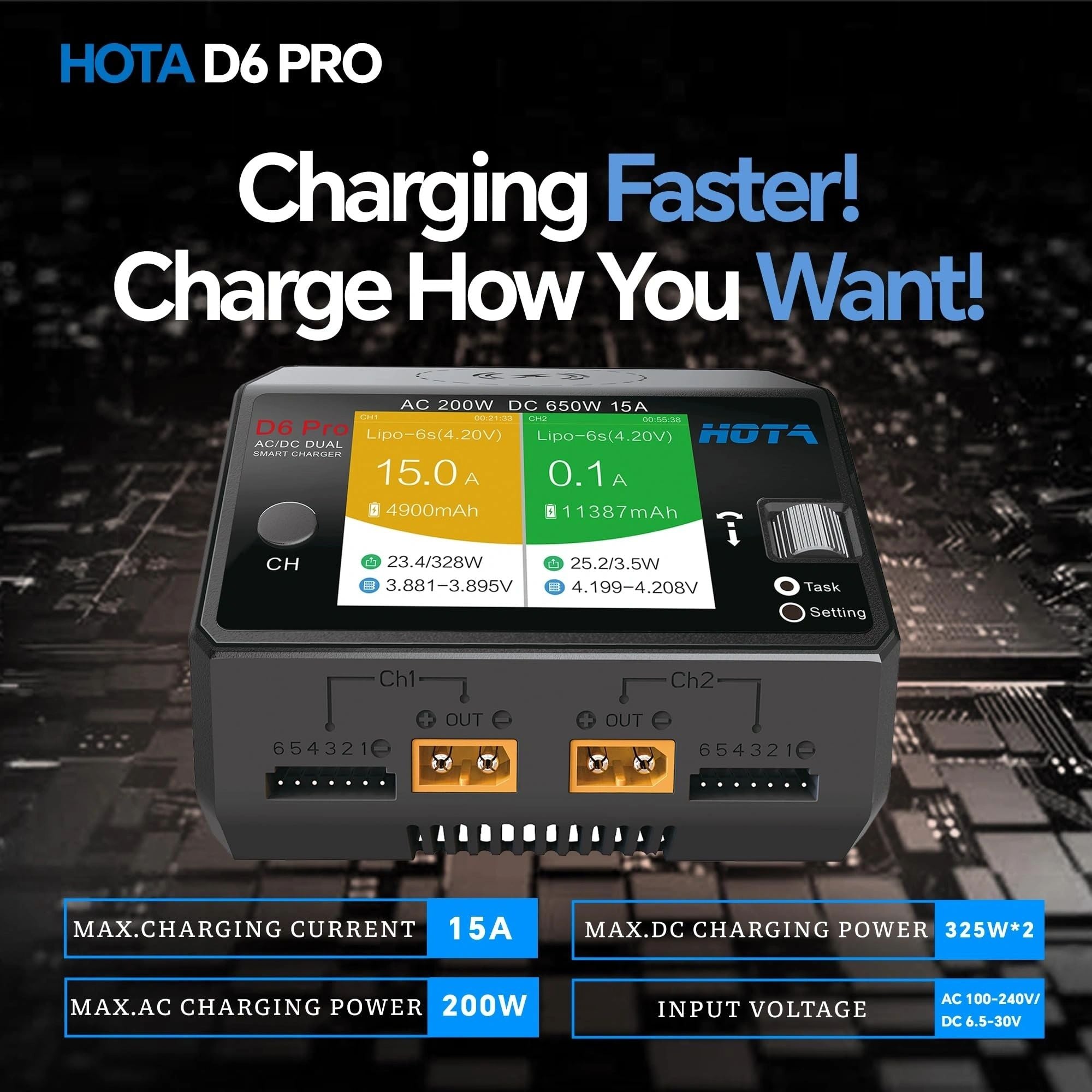 HOTA D6 Pro Lipo Battery Charger Smart Charger Dual Channel 15A AC200W DC650W for Lipo LiHv Nicd NiMH RC Battery Charger with Balance Phone Wireless Charging RC Car RC Boat FPV