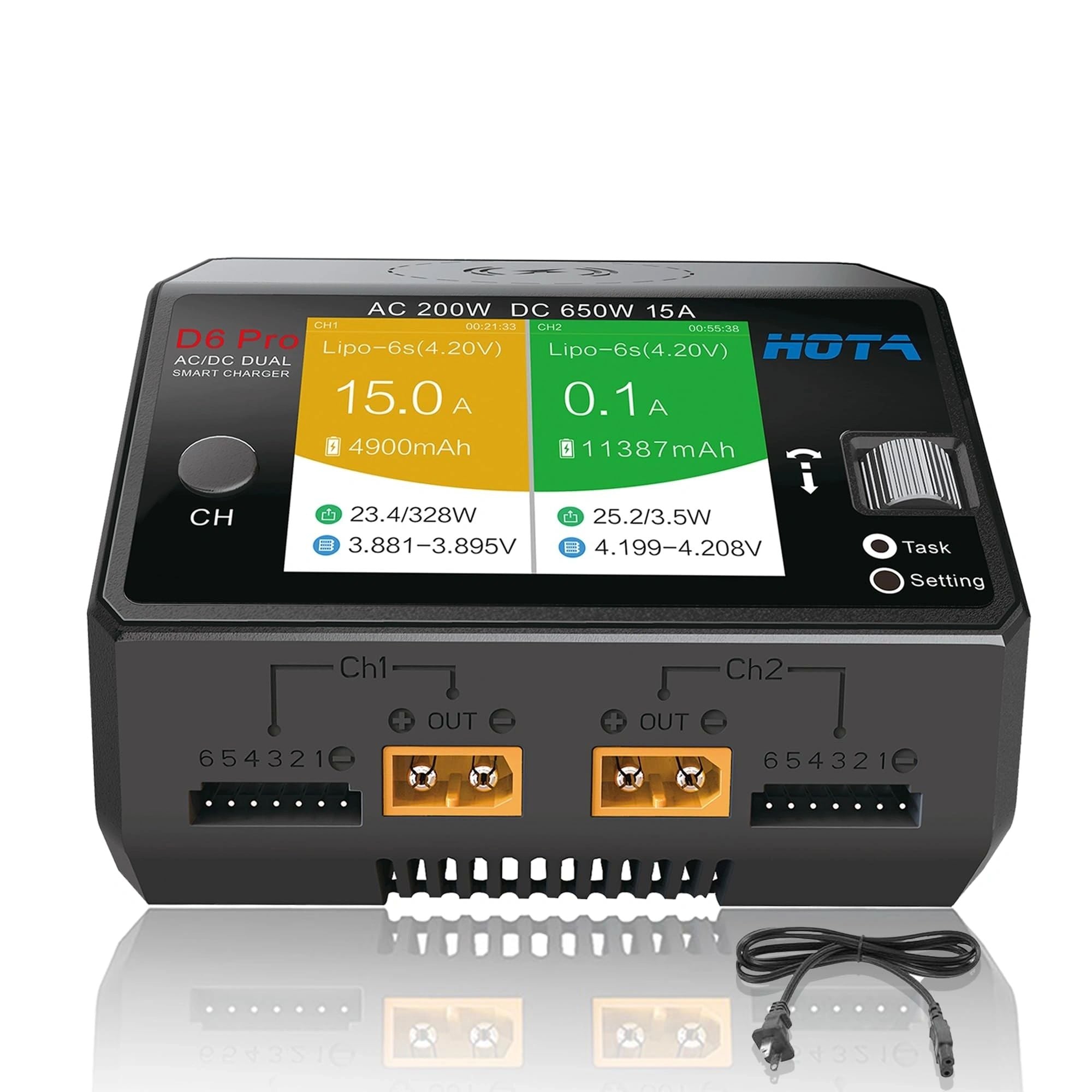 HOTA D6 Pro Lipo Battery Charger Smart Charger Dual Channel 15A AC200W DC650W for Lipo LiHv Nicd NiMH RC Battery Charger with Balance Phone Wireless Charging RC Car RC Boat FPV