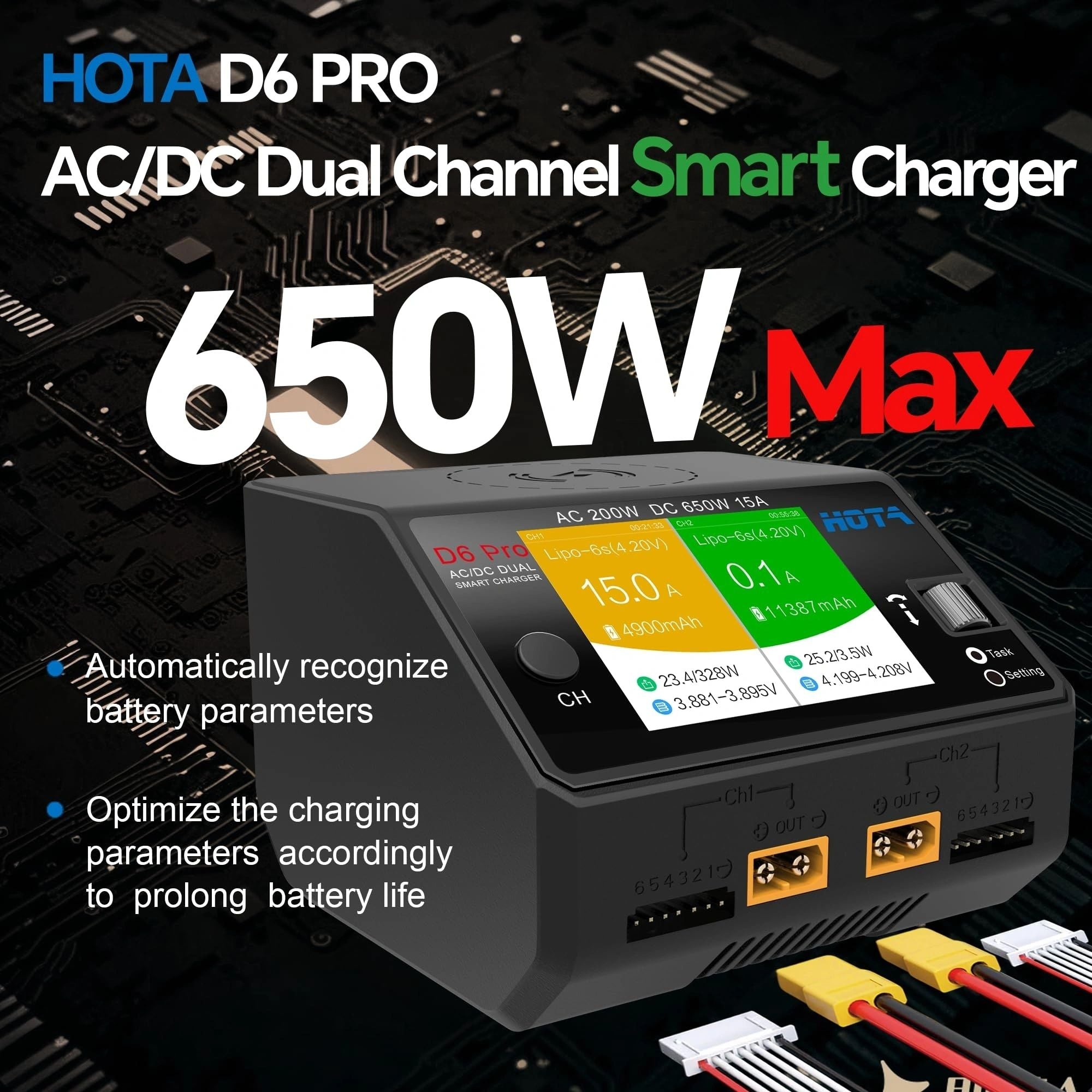 HOTA D6 Pro Lipo Battery Charger Smart Charger Dual Channel 15A AC200W DC650W for Lipo LiHv Nicd NiMH RC Battery Charger with Balance Phone Wireless Charging RC Car RC Boat FPV