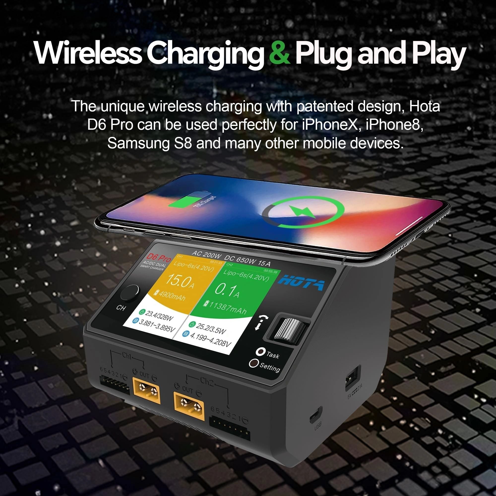 HOTA D6 Pro Lipo Battery Charger Smart Charger Dual Channel 15A AC200W DC650W for Lipo LiHv Nicd NiMH RC Battery Charger with Balance Phone Wireless Charging RC Car RC Boat FPV
