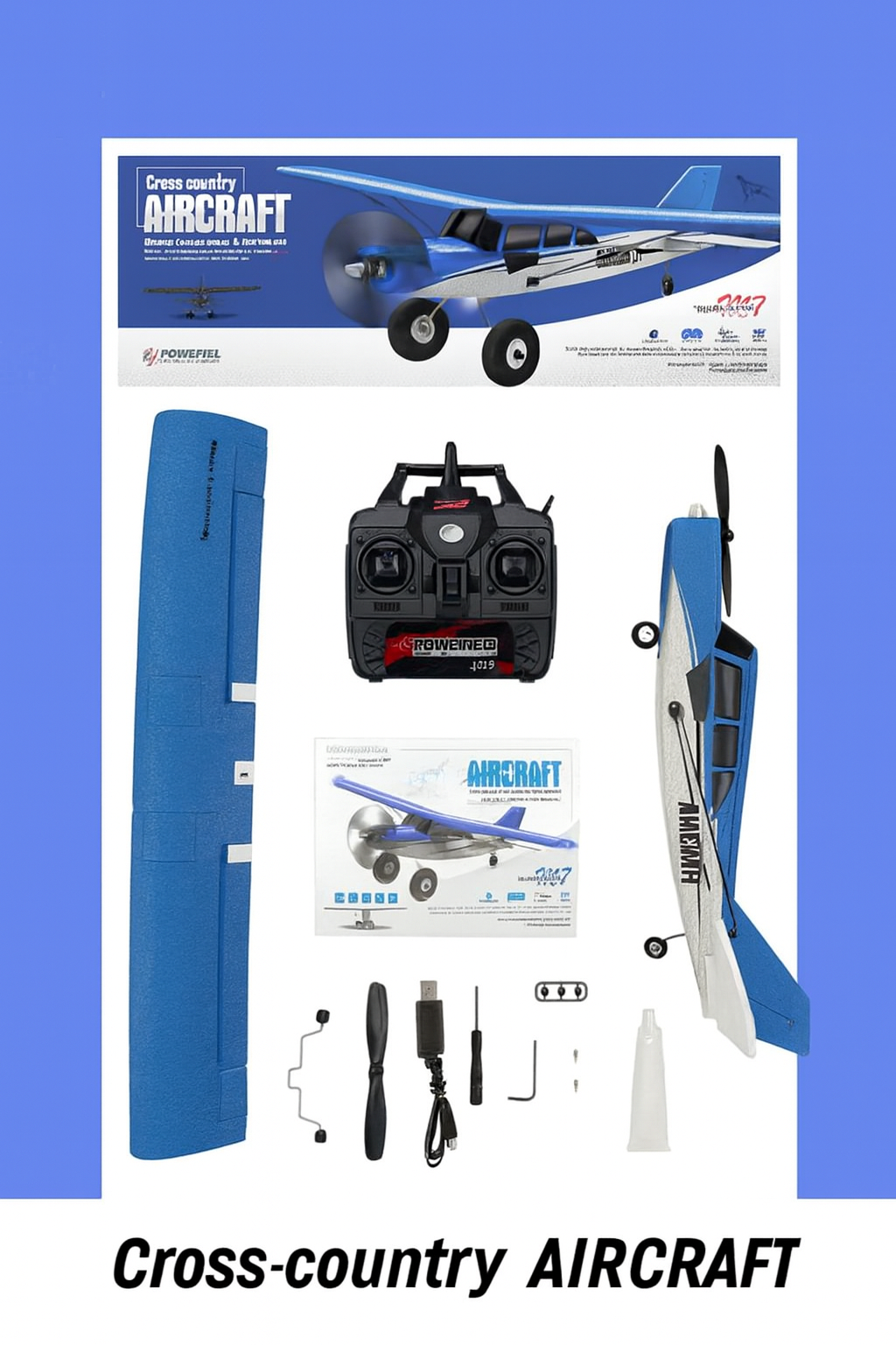 Complete package contents of the blue Qidi 560 RTF RC plane including remote controller, wings, landing gear and accessories