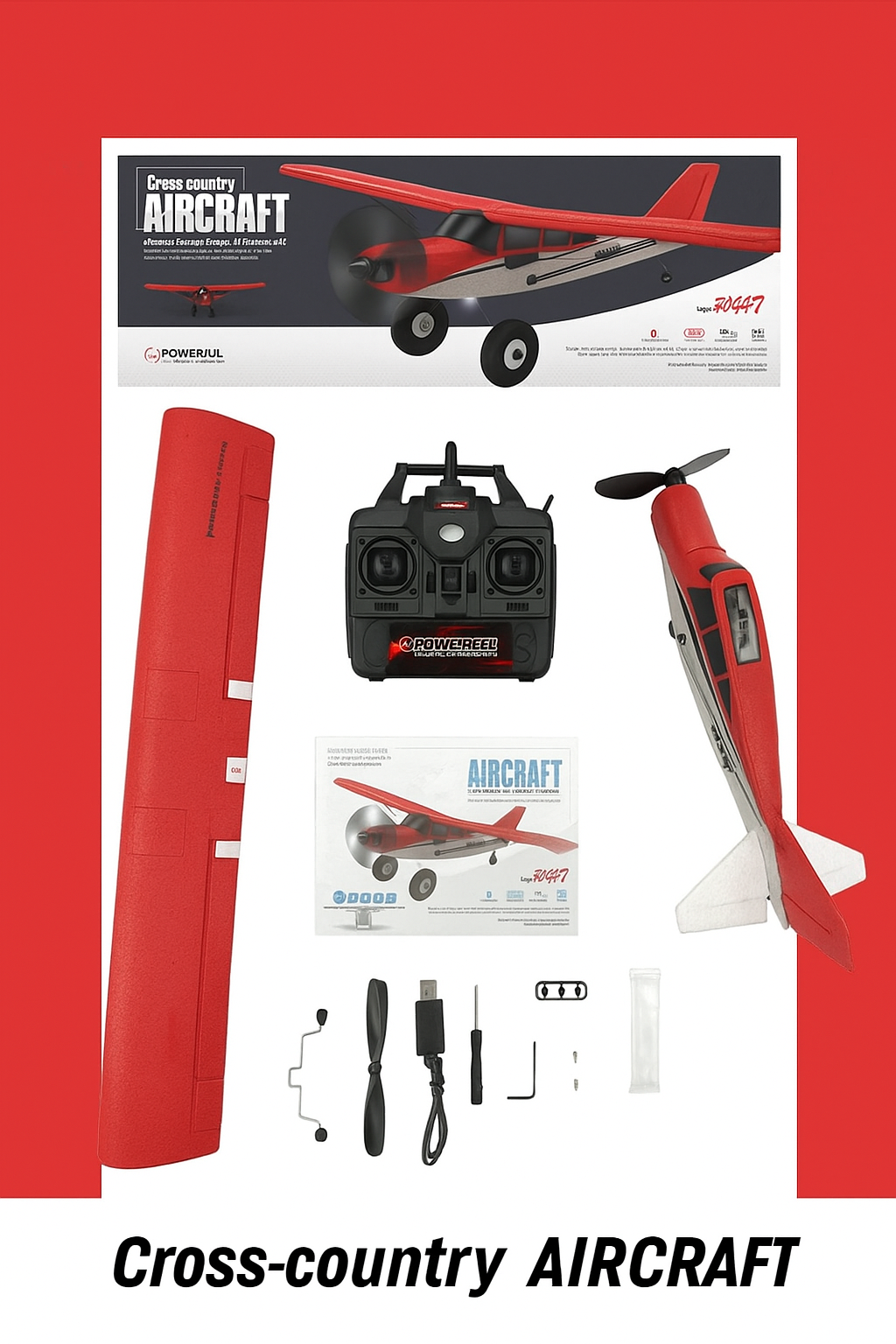 Complete package contents of the red Qidi 560 RTF RC plane including transmitter, wings, landing gear, propellers, battery and accessories