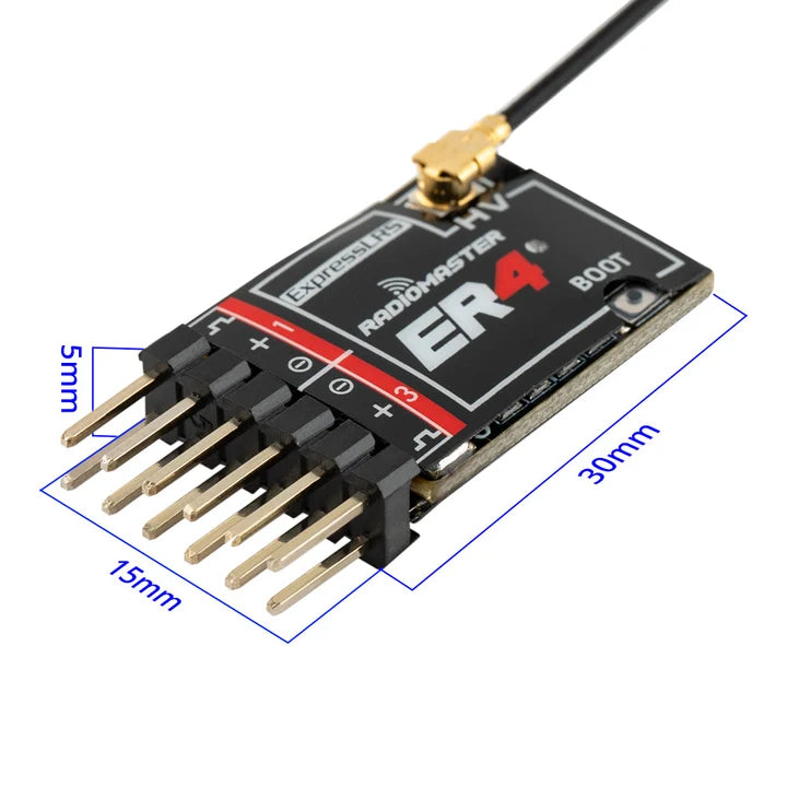 RadioMaster ER4 2.4GHz ELRS receiver showing 30 × 15 × 5mm dimensions