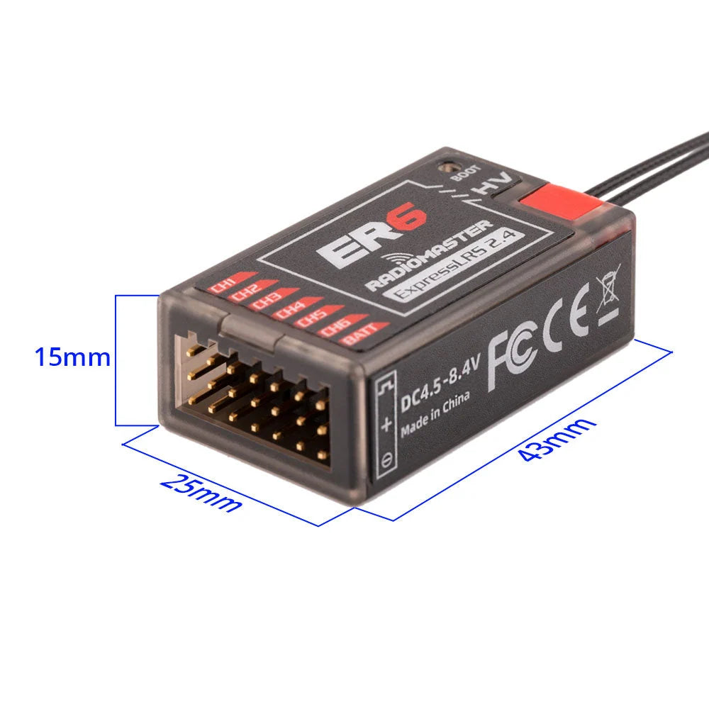 RadioMaster ER6 receiver measuring 43 × 25 × 15mm