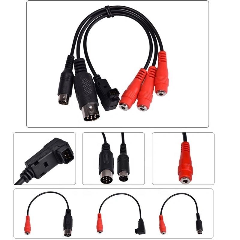 Set of audio and video cables with red and black connectors on a white background.