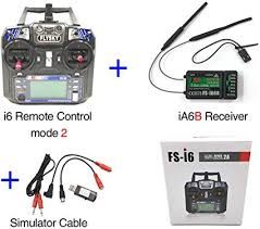 Flysky Transmitter, receiver, simulator cable, and packaging on a white background