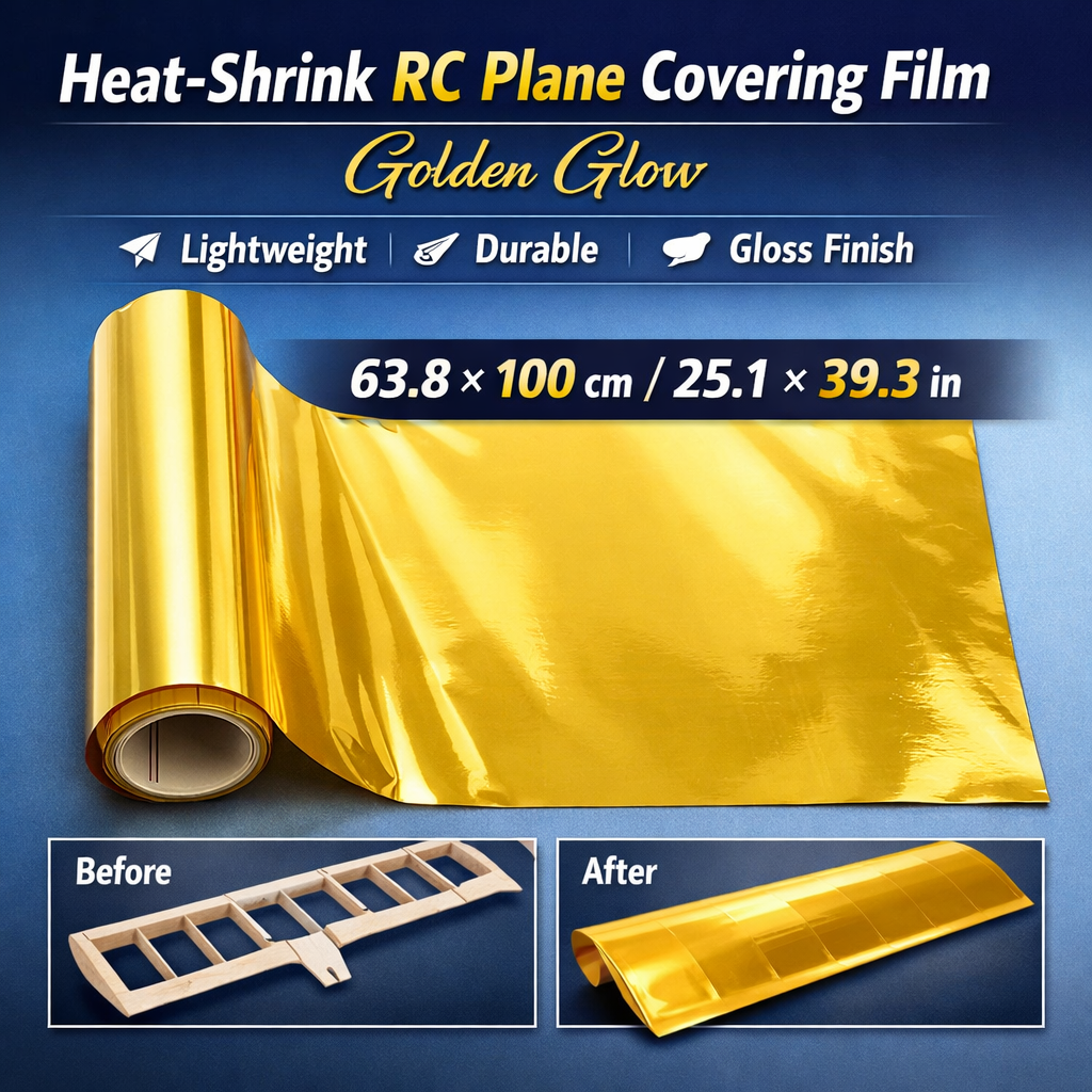 Before and after covering RC plane wing with Golden Glow covering film