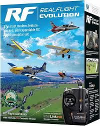 RealFlight Evolution flight simulator packaging with model planes and remote control on a scenic background