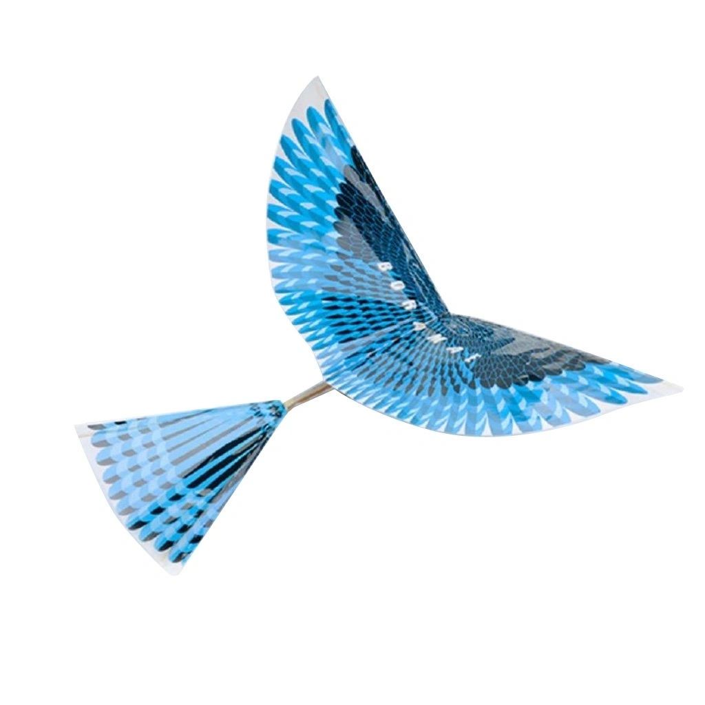Blue and white rubber band powered ornithopter bird on a white background