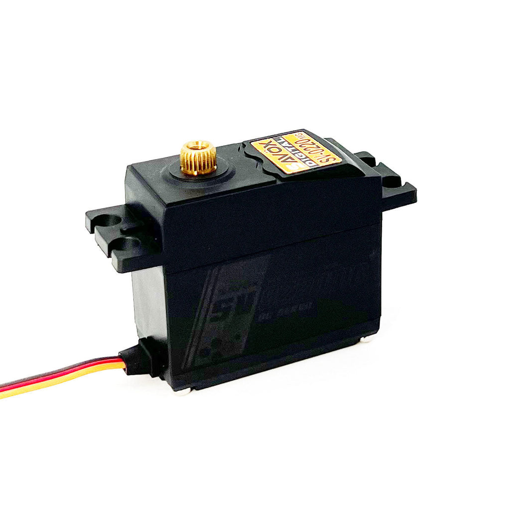 Black servo motor with gold gear on a white background