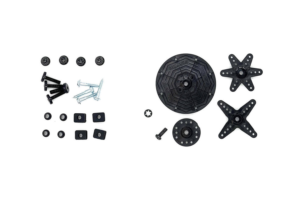 Set of black mechanical components on a white background
