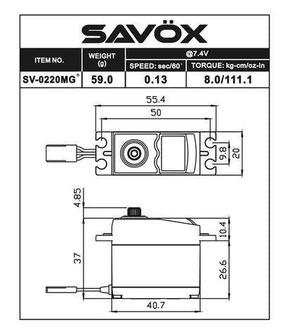 Technical specifications and dimensions of a Savox servo motor on a white background