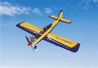 Yellow and blue airplane flying against a clear blue sky