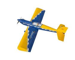 Model airplane with blue and yellow design on a white background