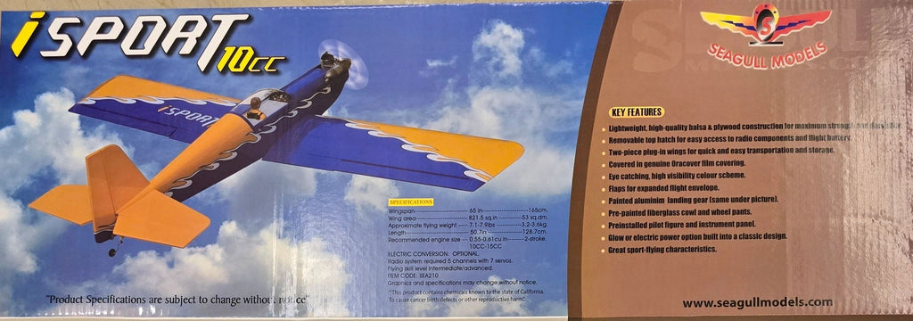 Model airplane with 'iSport' branding against a cloudy sky background